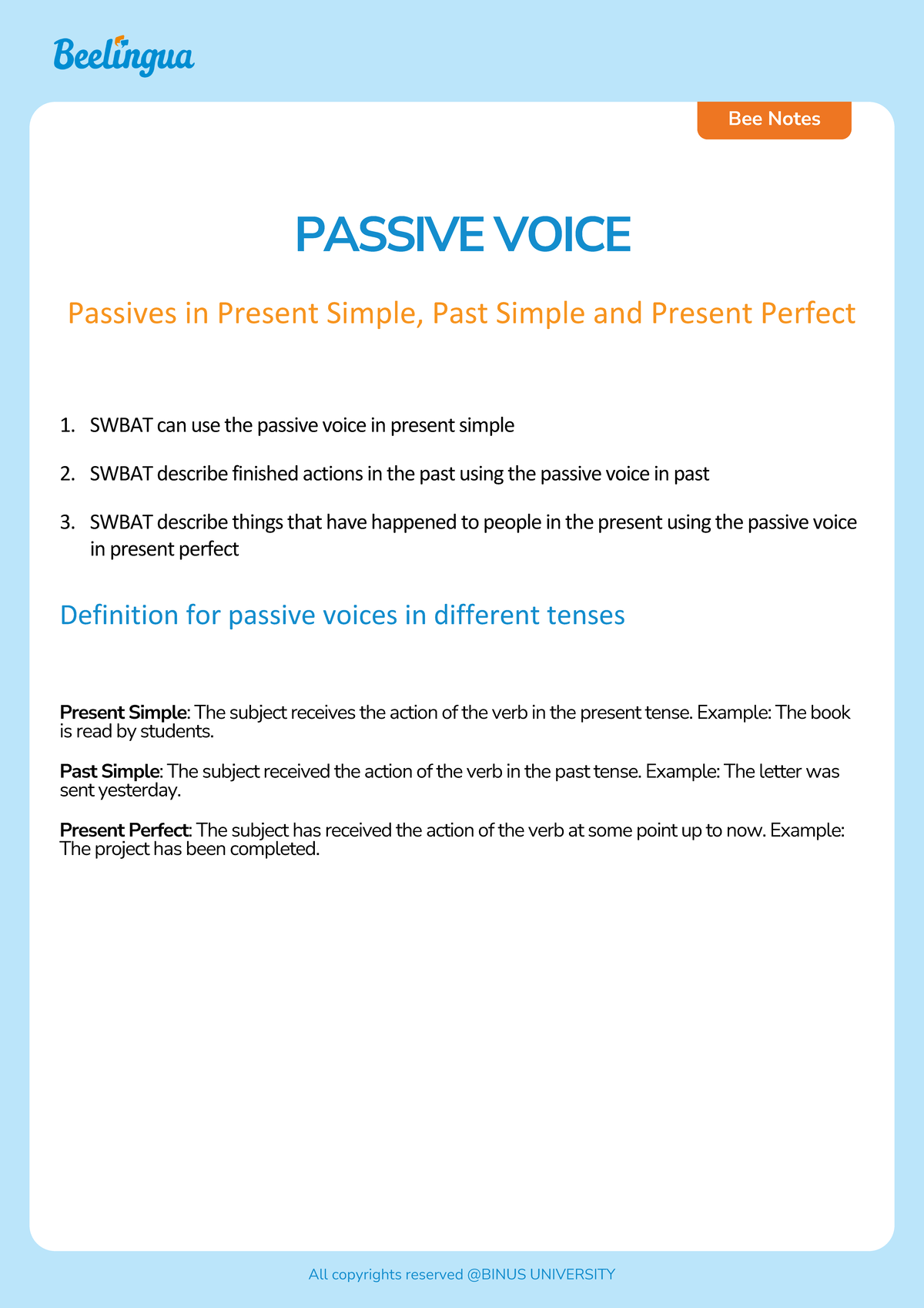 C11 Unit 3 - Passive Voice Notes: Present, Past & Perfect Tenses - Studocu