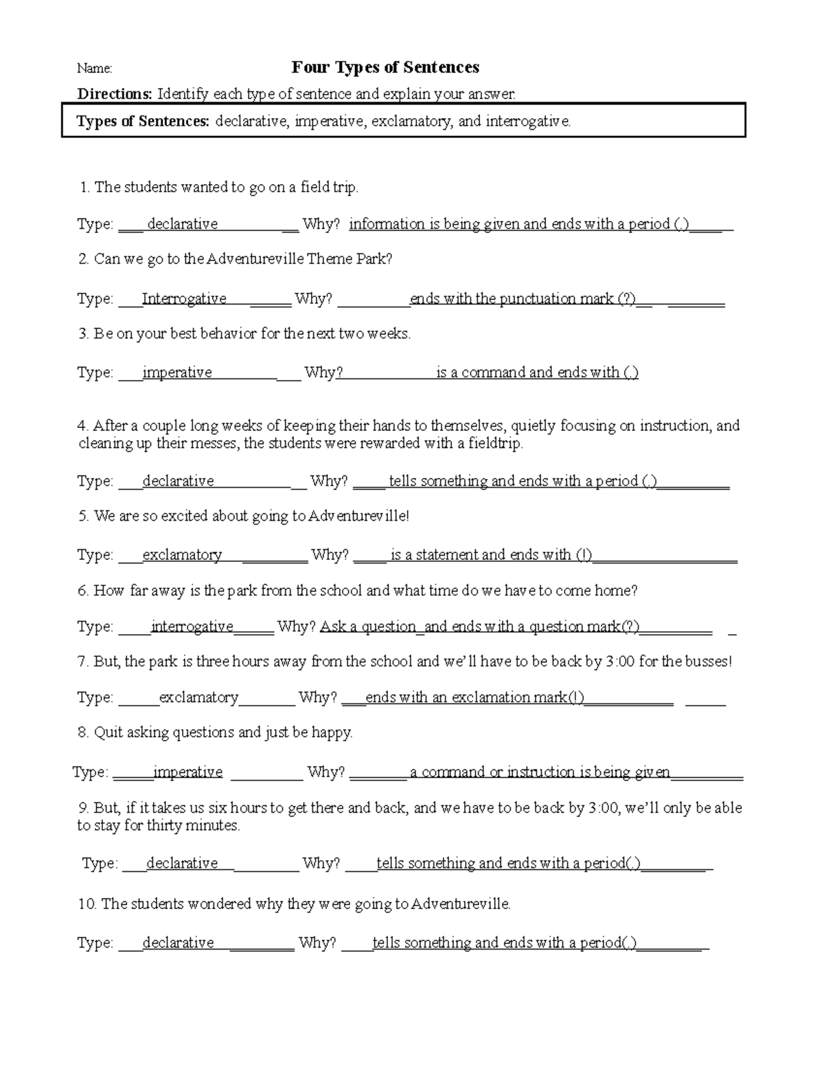 Four types of sentences - Name: Four Types of Sentences Directions ...