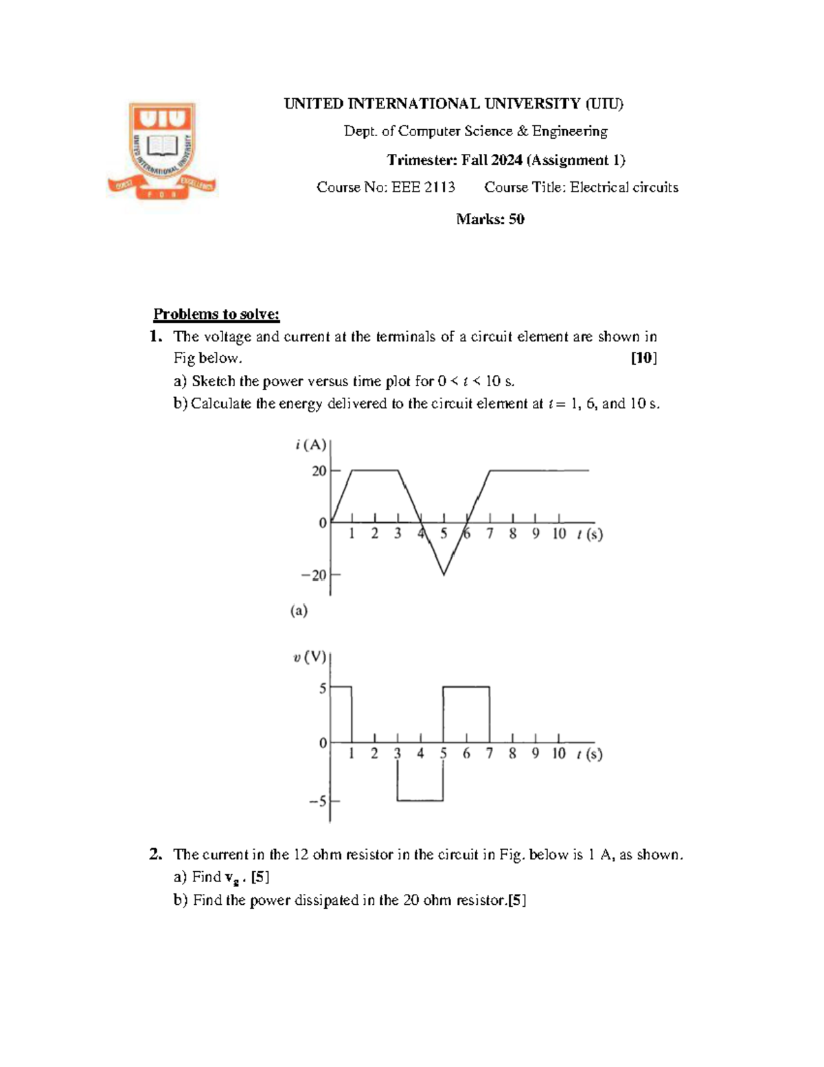 Assignment 01 - EEE course - UNITED INTERNATIONAL UNIVERSITY (UIU) Dept ...