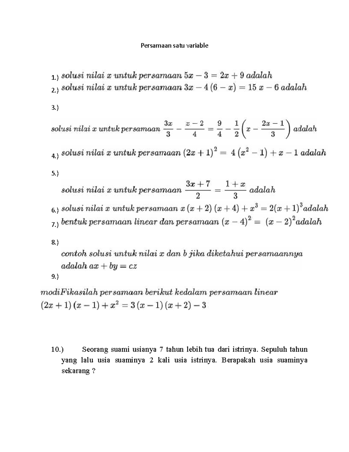 Persamaan Satu Variabel: Soal dan Penyelesaian Matematika - Studocu