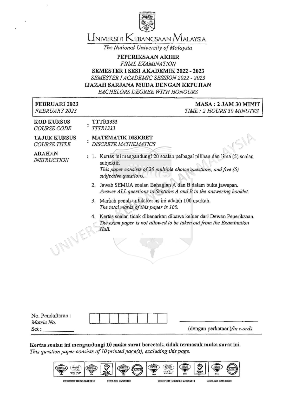 TTTR1333 - Final Exam Paper for Discrete Mathematics, Feb 2023 - Document Preview