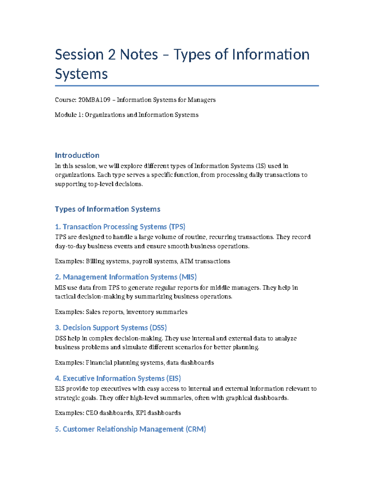 Session 2 Notes: Types of Information Systems - 20MBA109 - Studocu