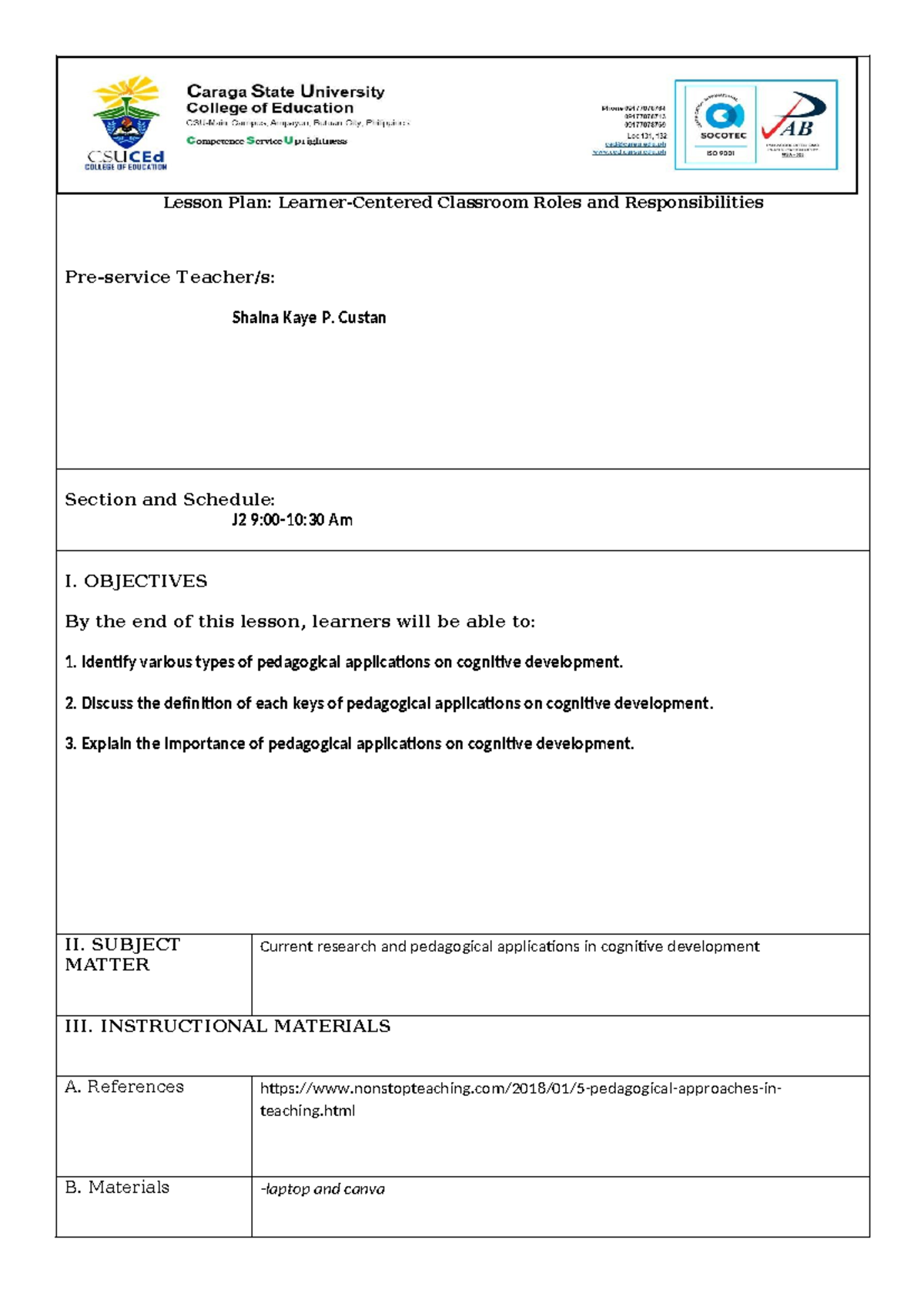 Lesson Plan: Learner-Centered Roles in Cognitive Development (J2) - Studocu