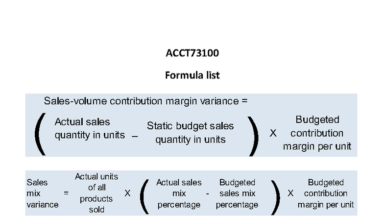 ACCT73100 formula list for exam final - ACCT Formula list ####### Sales ...