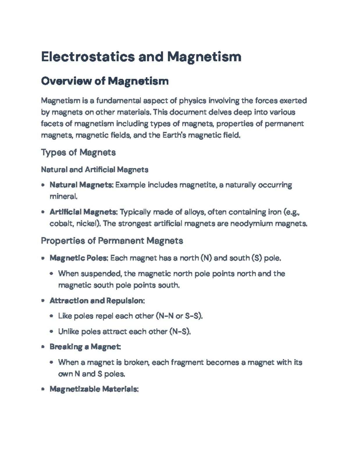 Electrostatics and Magnetism: Overview of Magnetism Principles - Studocu