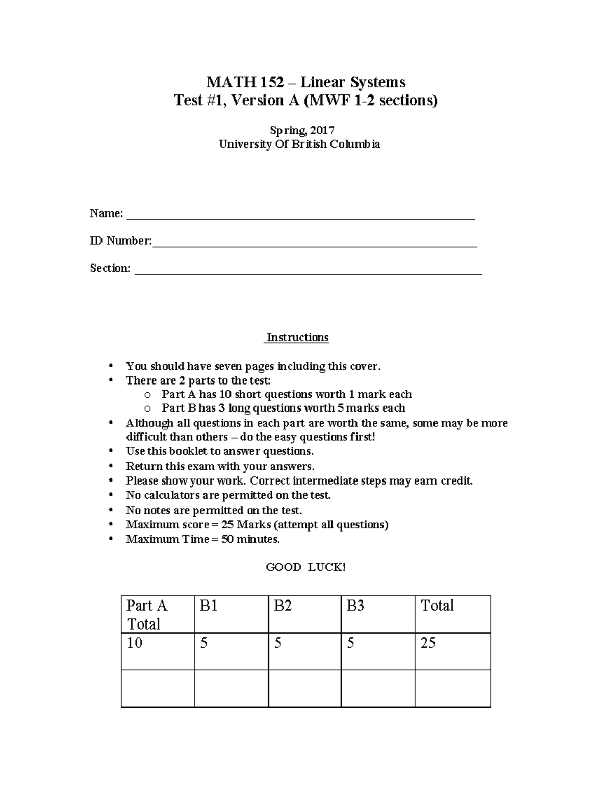 MATH 152 Test 1 Linear Systems – Spring 2017 Exam Details - Studocu