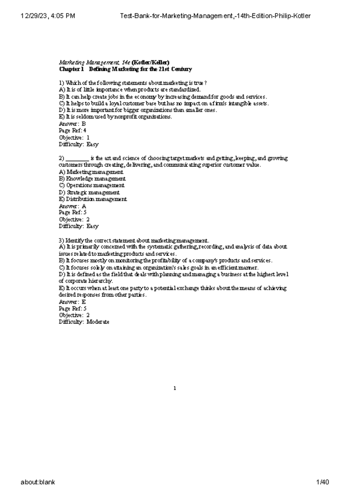 Chapter 1 Test Bank for Marketing Management (MM) - Kotler 14e - Studocu