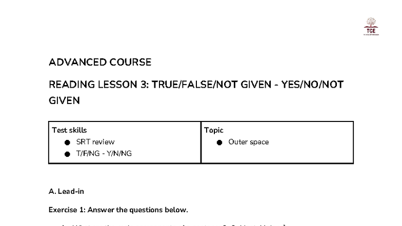 ADVANCED READING COURSE LESSON 3: EXPLORING OUTER SPACE AND SRT ...