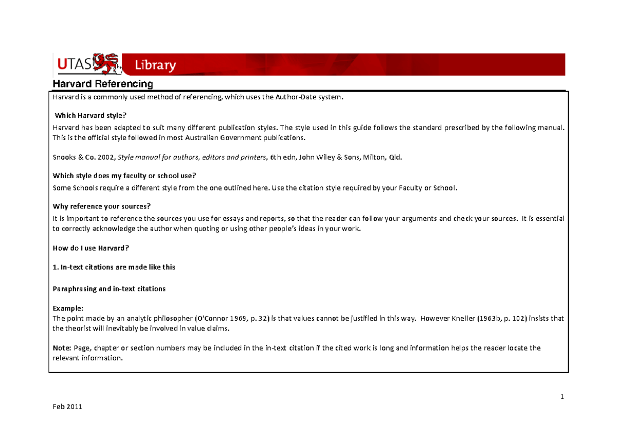 UTAS Harvard Referencing Guide: A Comprehensive 2011 Overview - Studocu