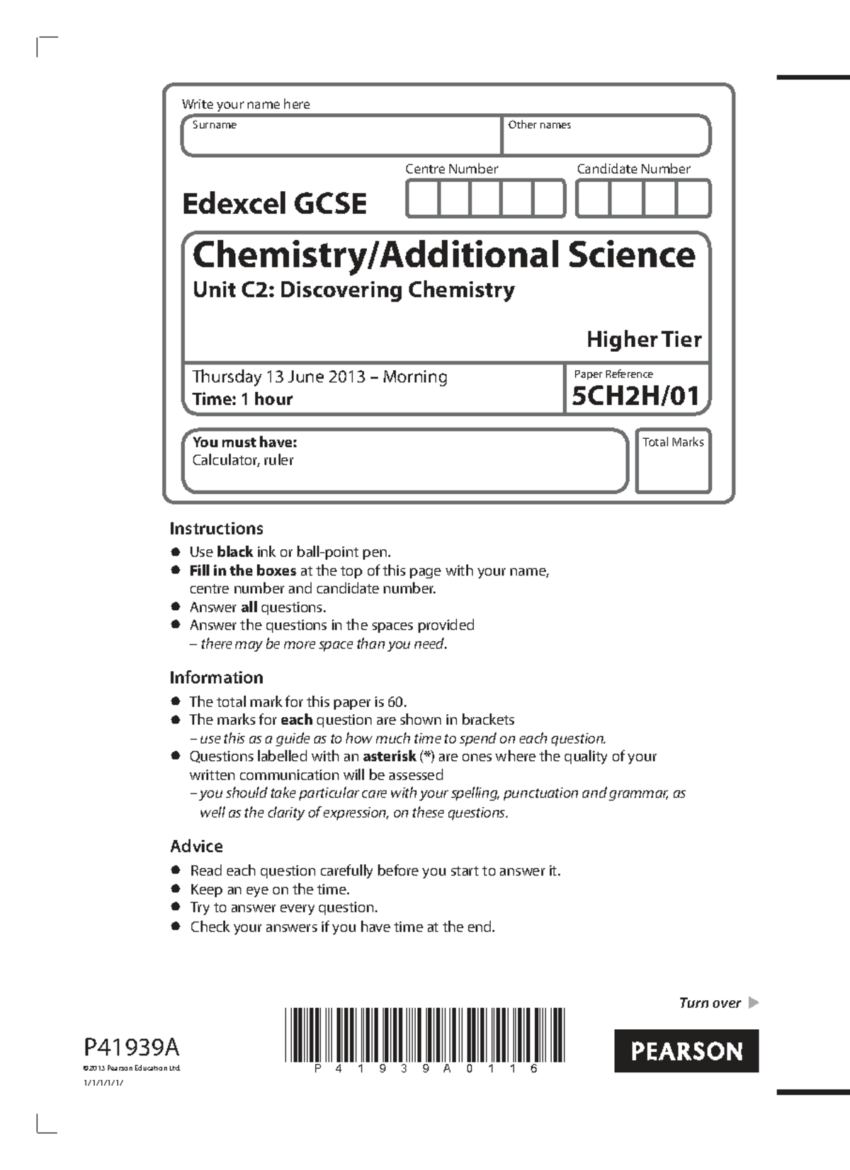 Edexcel GCSE Science Unit C2: Chemistry Exam Paper 2013 - Studocu
