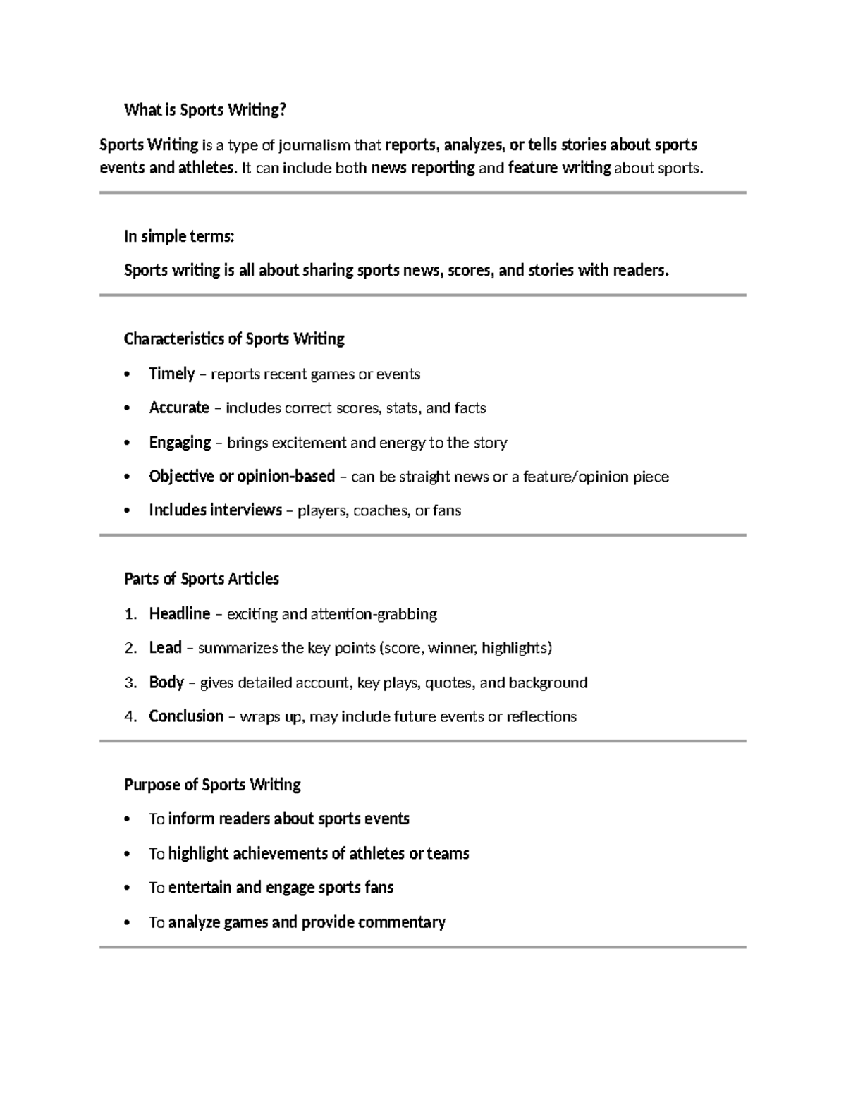 🏅 Understanding Sports Writing: Key Elements & Purpose - Studocu