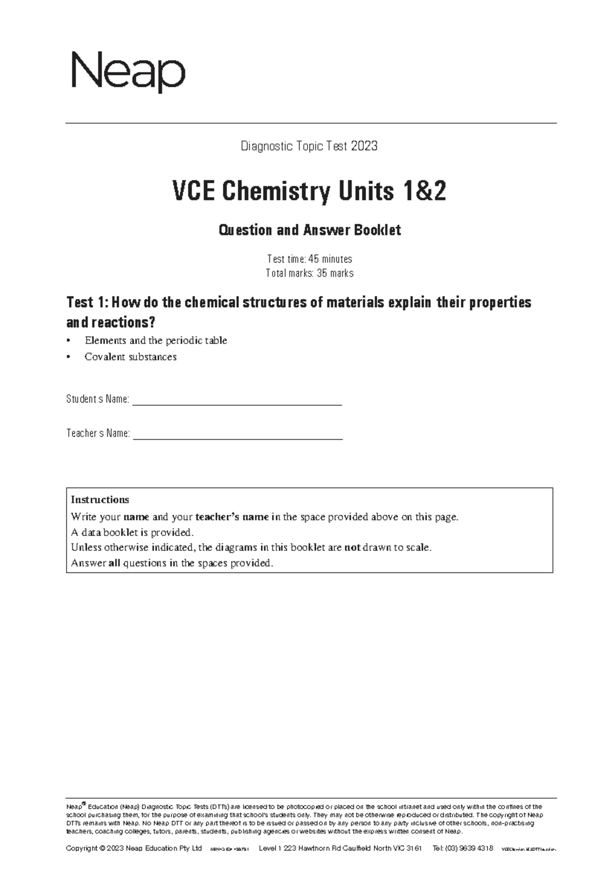 Test 1: VCE Chemistry Units 1 & 2 DTT 2023 Question & Answer Booklet ...