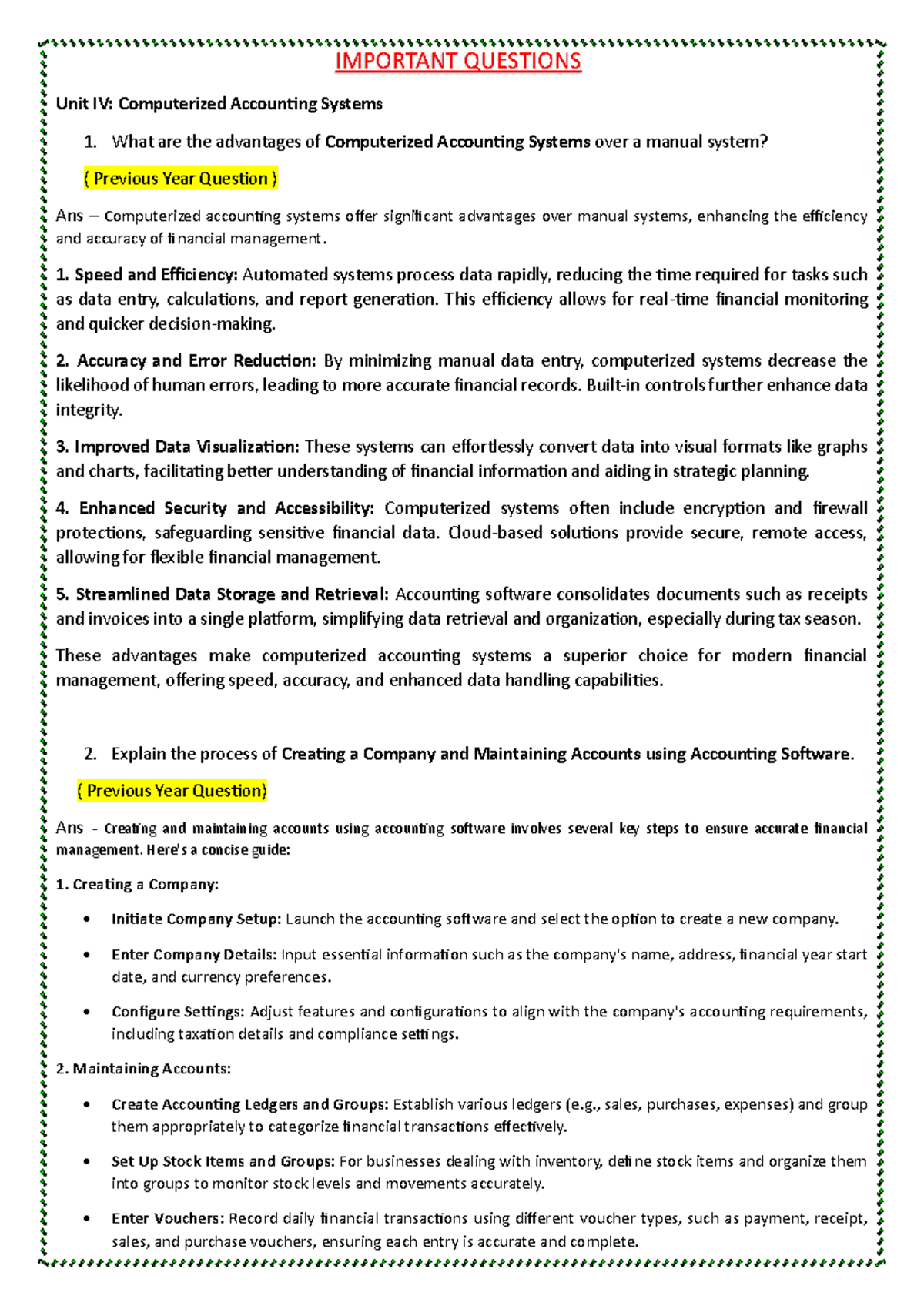 Unit 4 =Computerized Accounting Systems - IMPORTANT QUESTIONS Unit IV ...