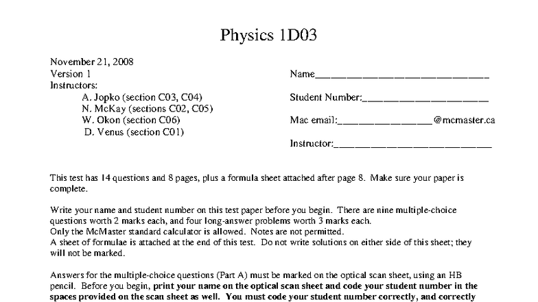 Physics 1D03 Test 2 - November 21, 2008 (Version 1) - Studocu