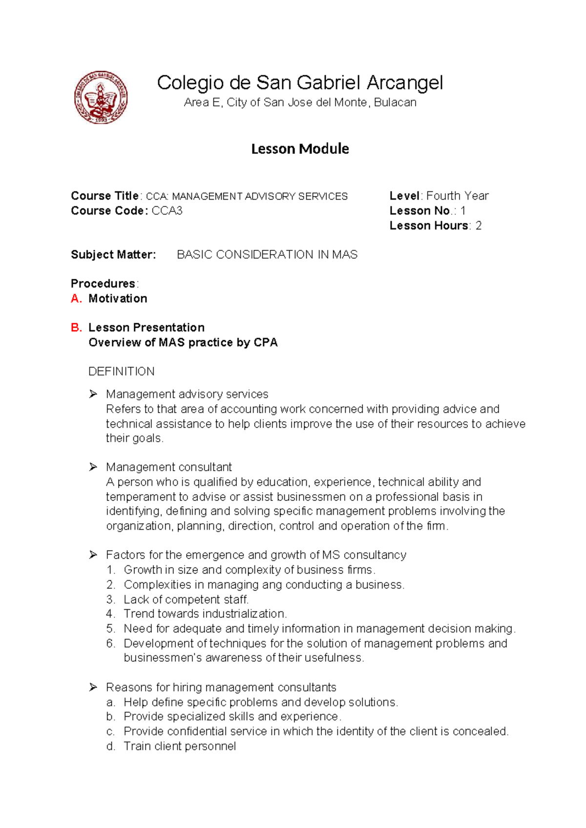 CCA3: Lesson Module on Management Advisory Services - Studocu