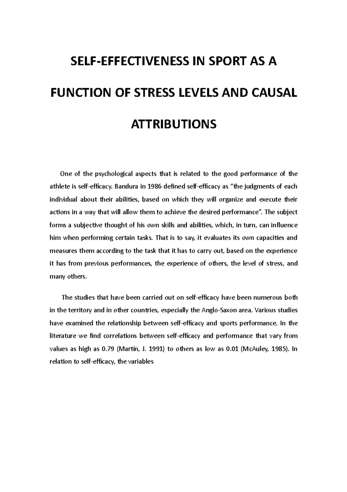 SELF-EFFICACY IN SPOR T: STRESS LEVELS & CAUSAL ATTRIBUTIONS ANALYSIS ...