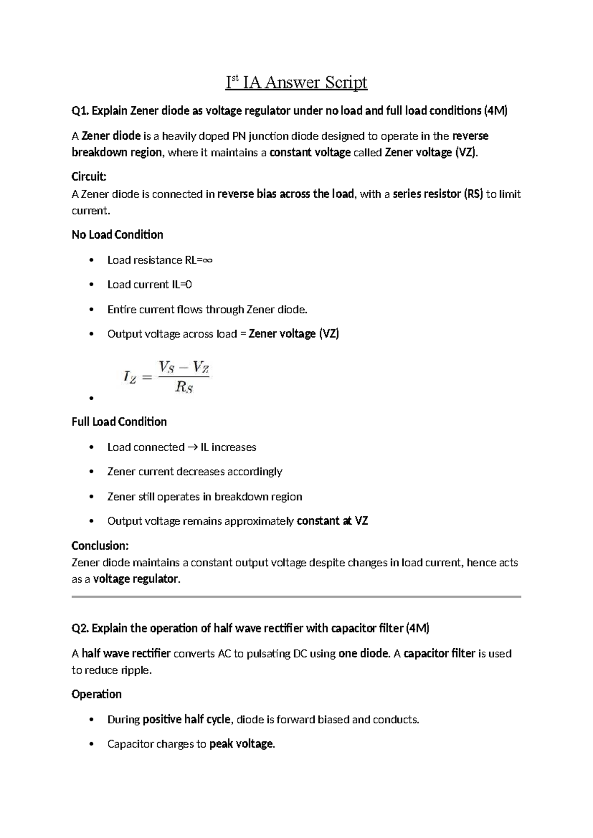 IA1 - Zener Diode Voltage Regulation & Half Wave Rectifier Analysis ...
