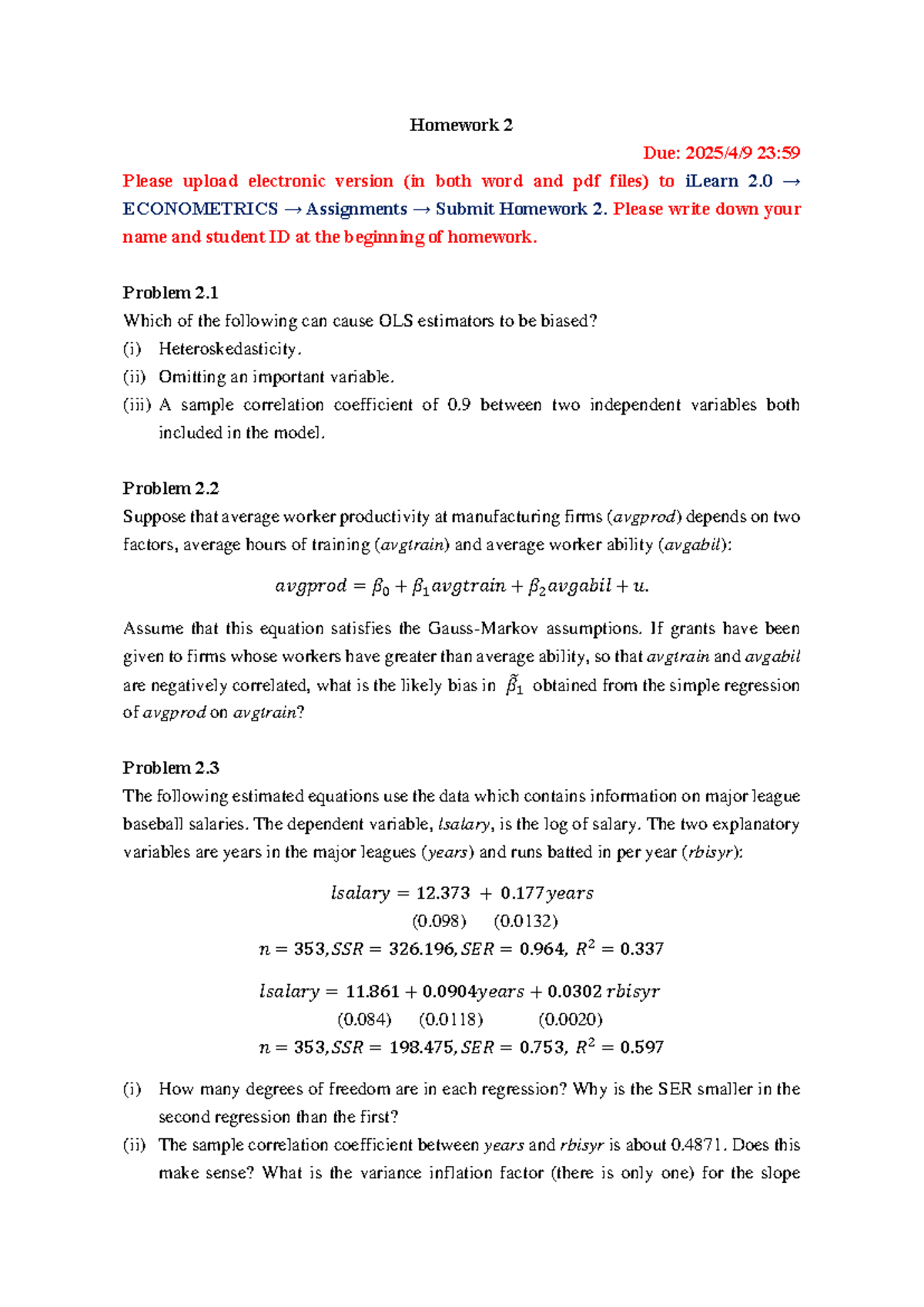 Homework 2: OLS Estimators & Regression Analysis in Econometrics - Studocu