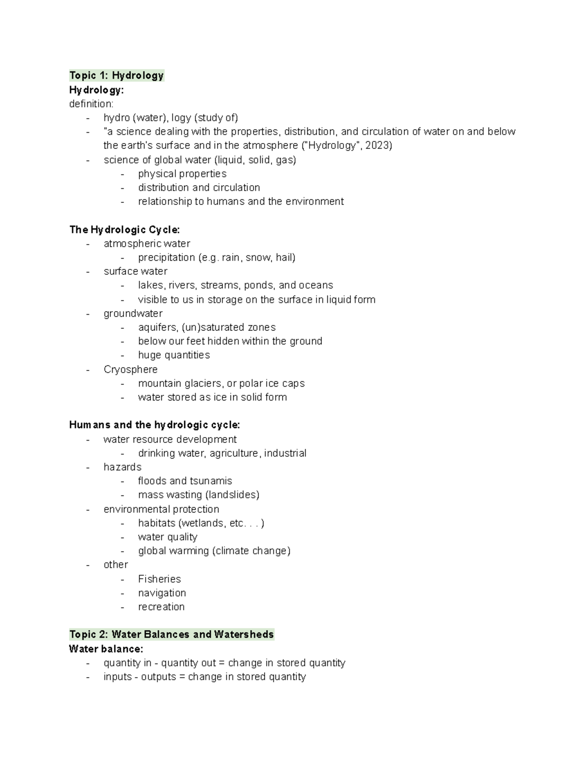 Week 1 - week 1 lecture notes - Topic 1: Hydrology Hydrology ...