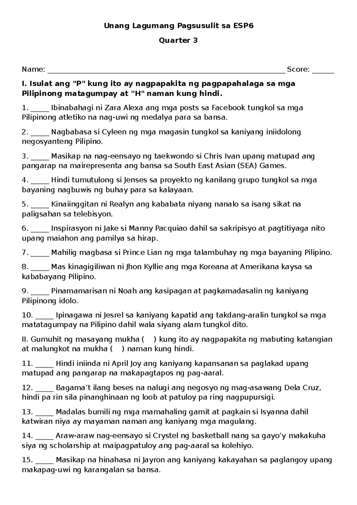 Q3ST1ESP6 - Summative Test in ESP6 - Unang Lagumang Pagsusulit sa ESP ...
