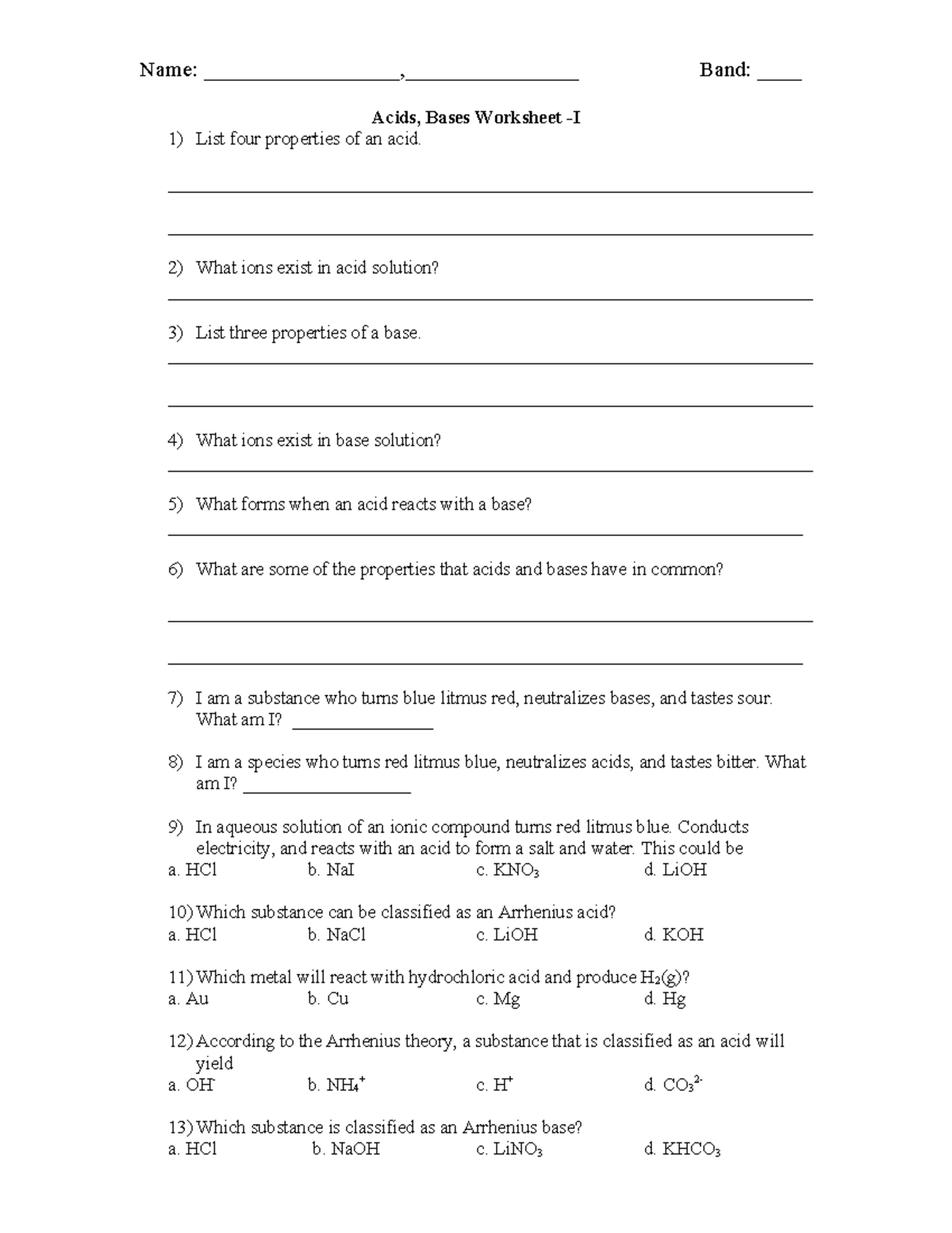 Acid base worksheet I - Chemistry lab work for chemistry. - Name ...