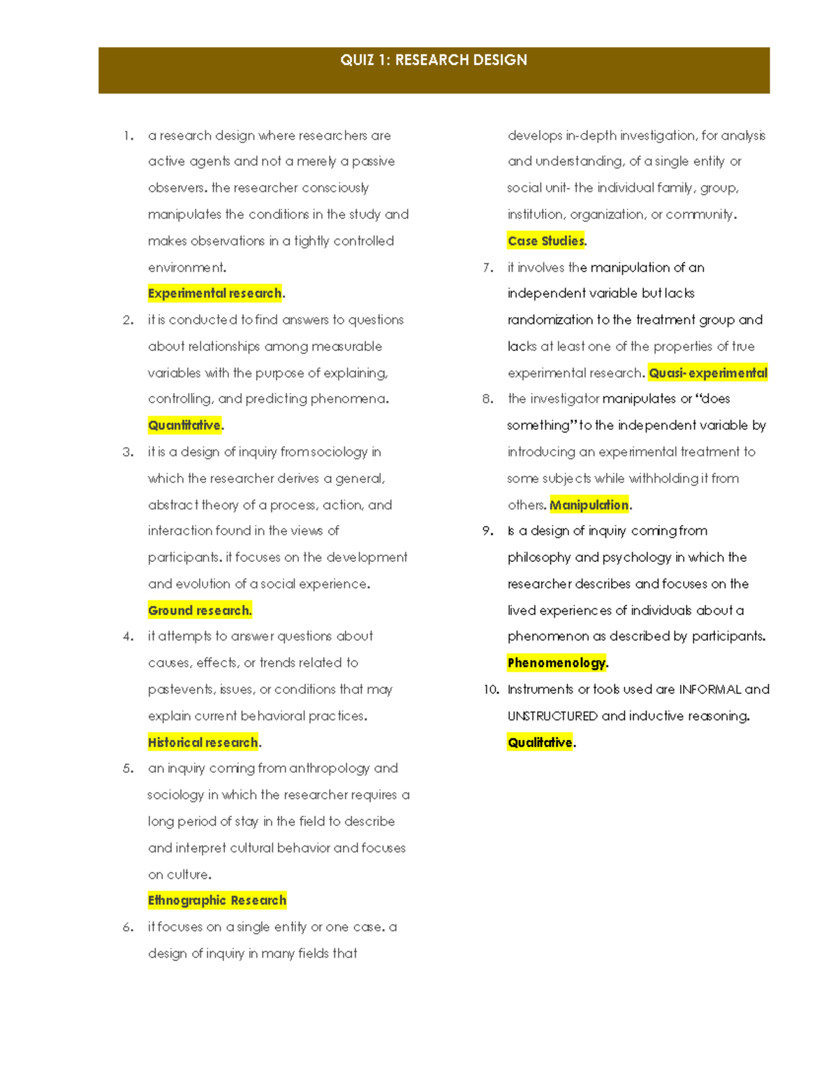 QUIZ 1 Research Design - Quiz - QUIZ 1: RESEARCH DESIGN a research ...