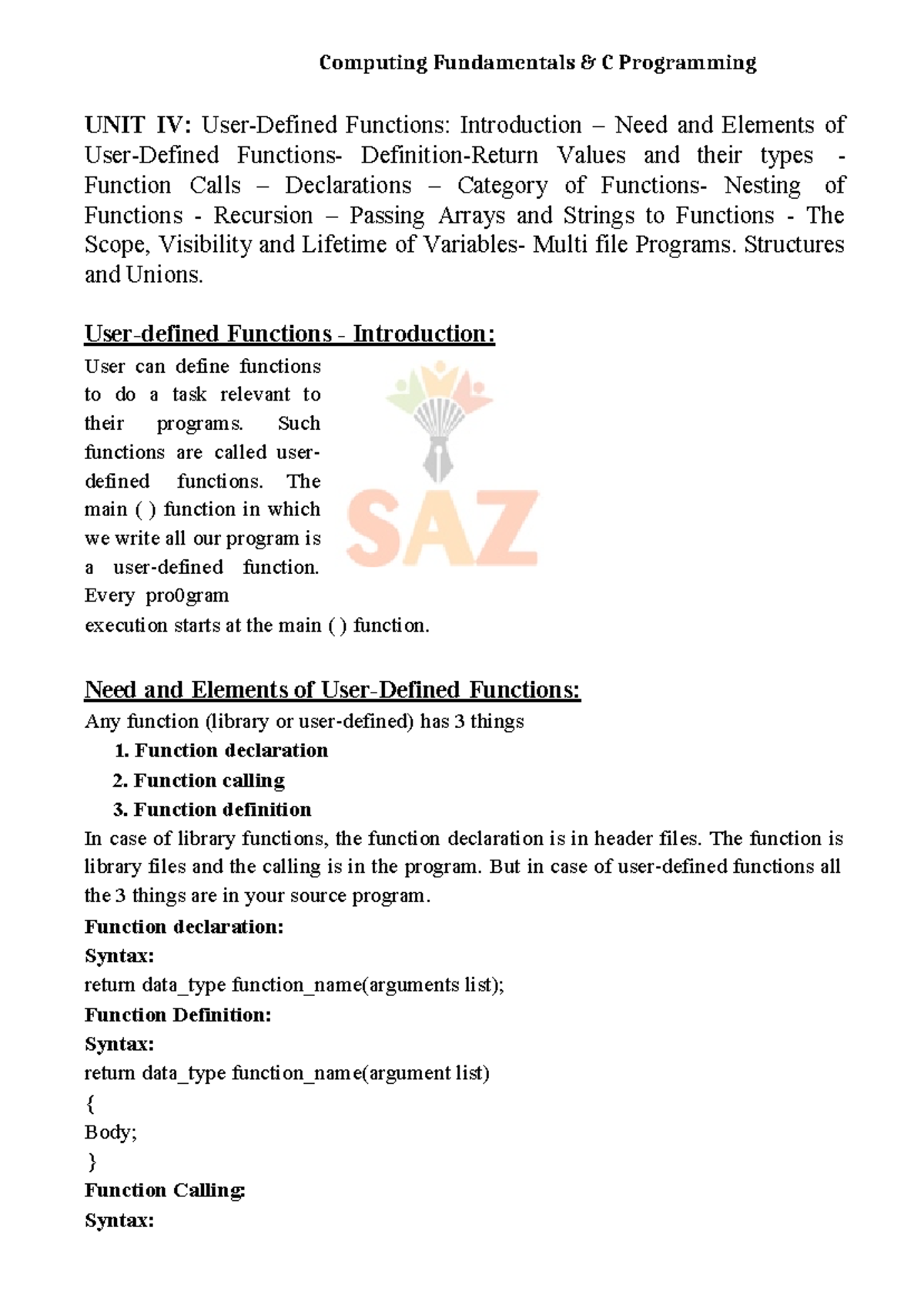 UNIT IV - Computing Fundamentals & C Programming - Computing ...