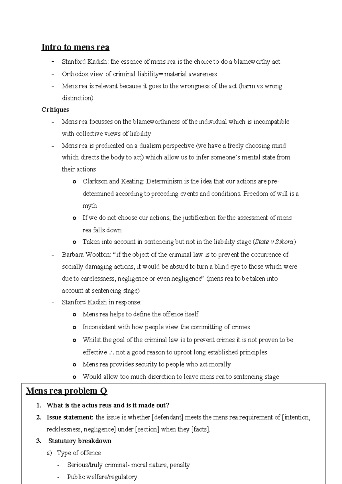 Mens Rea Cheat Sheet: Key Concepts & Case Summaries for Law 101 - Studocu