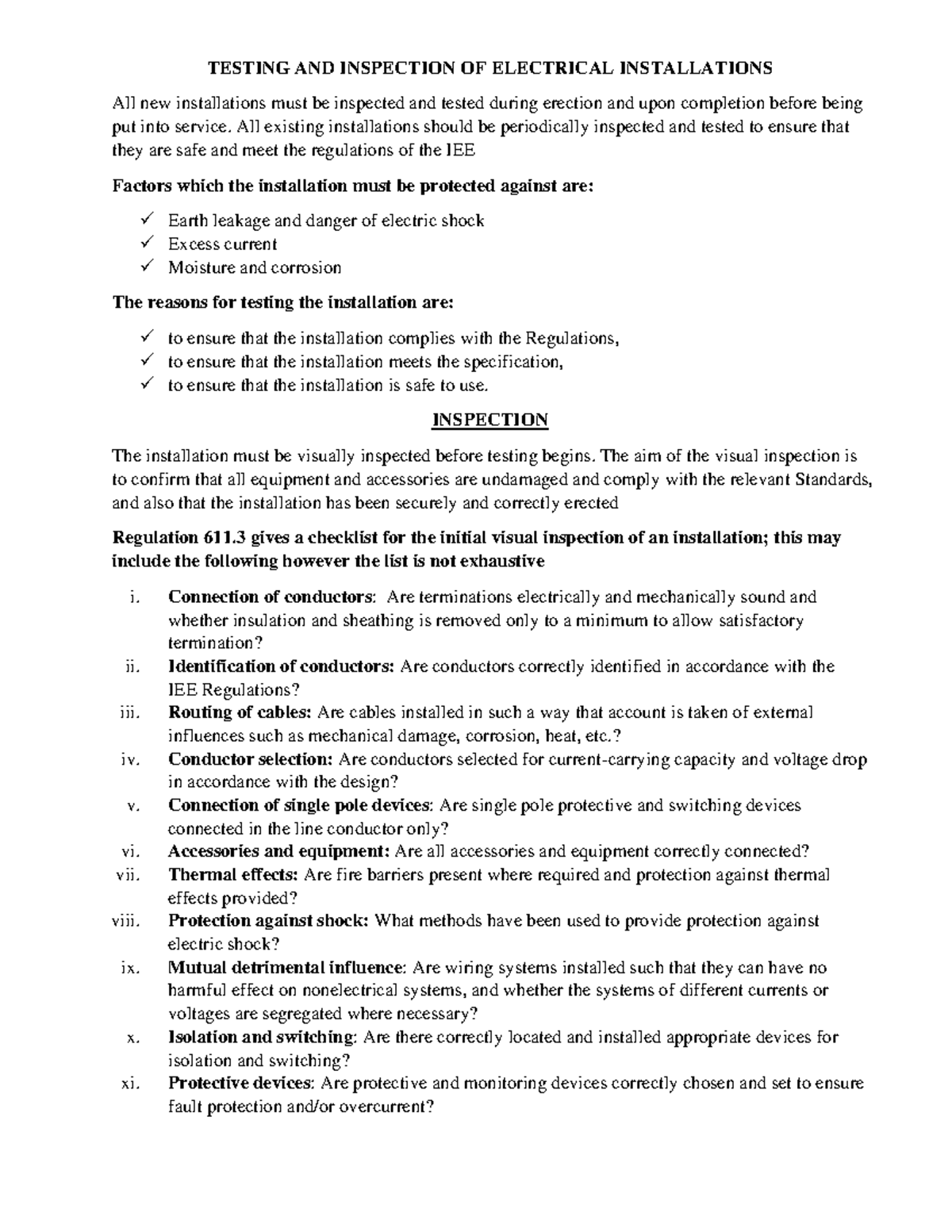11 DEE 1 Inspection and Testing of Electrical Installations - Studocu