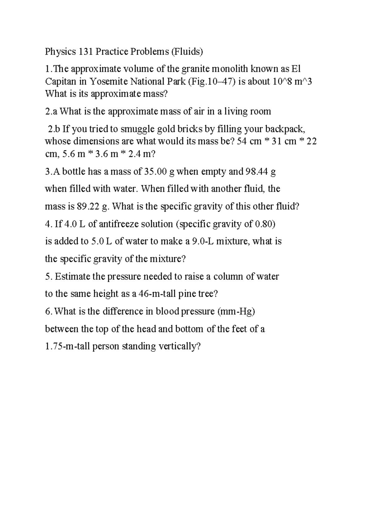 Physics 131 Practice Problems: Fluids and Specific Gravity Calculations ...