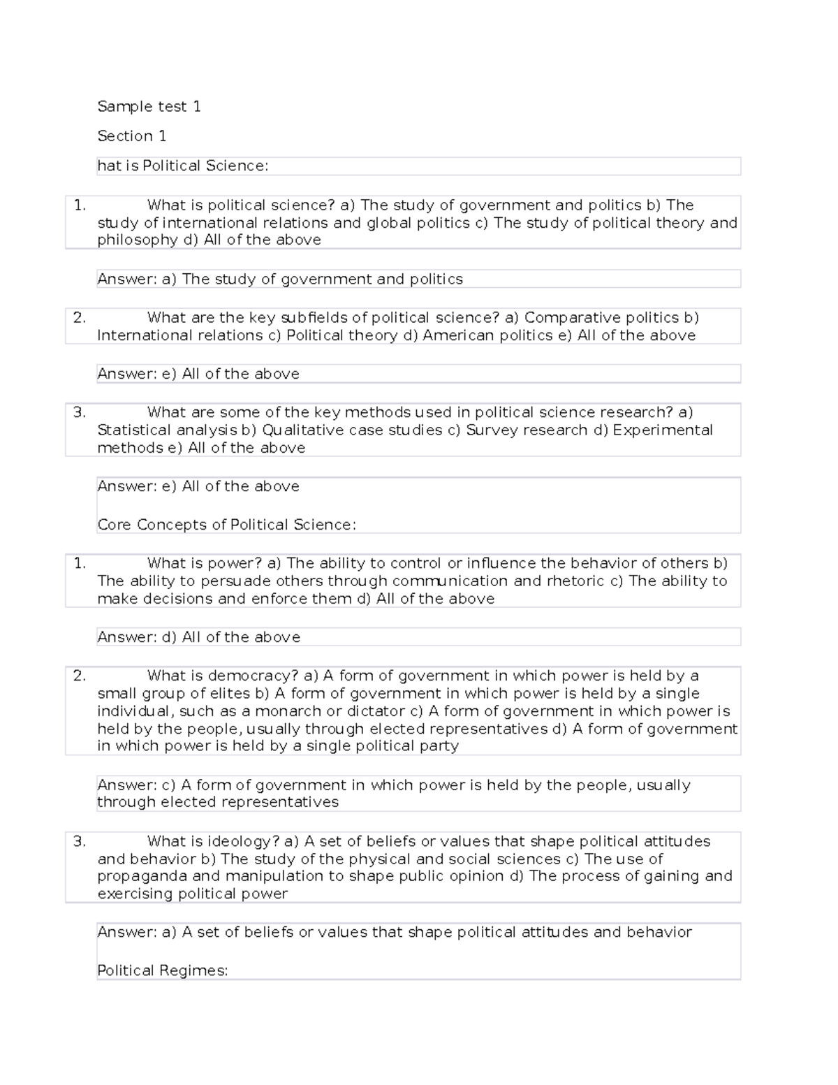 Political Science Sample Test 1: Questions & Answers Guide - Studeersnel