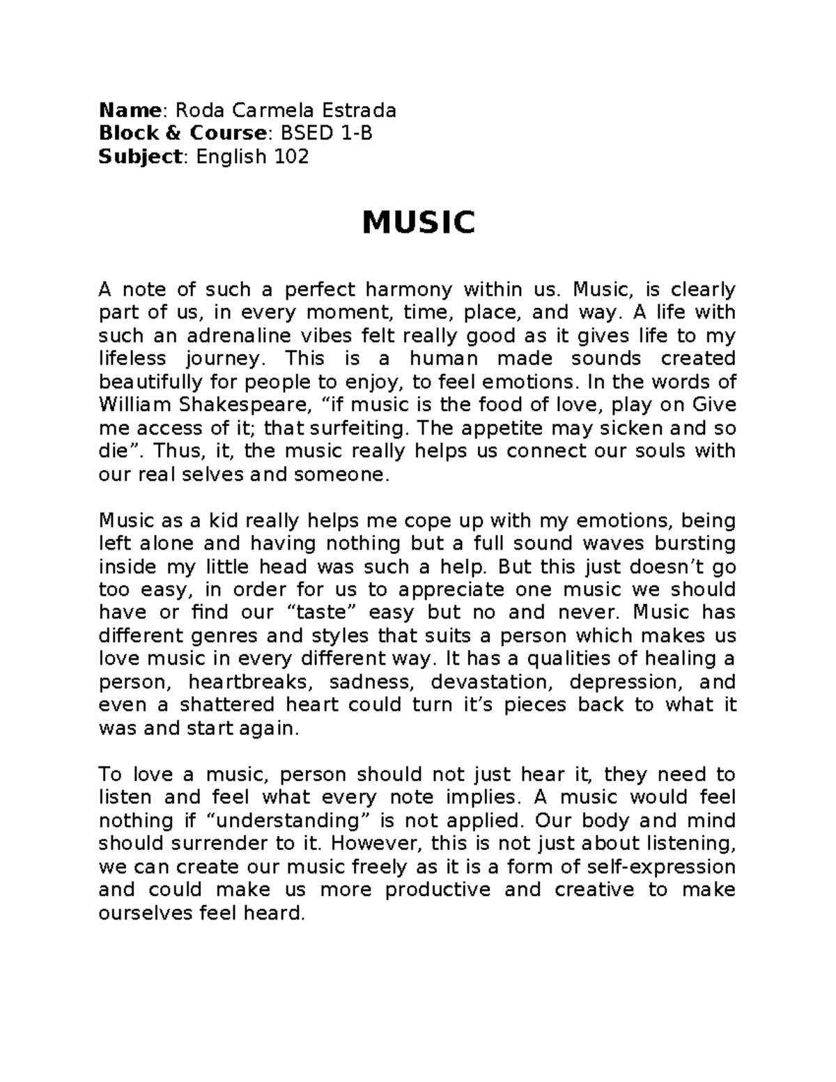 Essay on the Significance of Music in Human Experience (Eng102) - Studocu