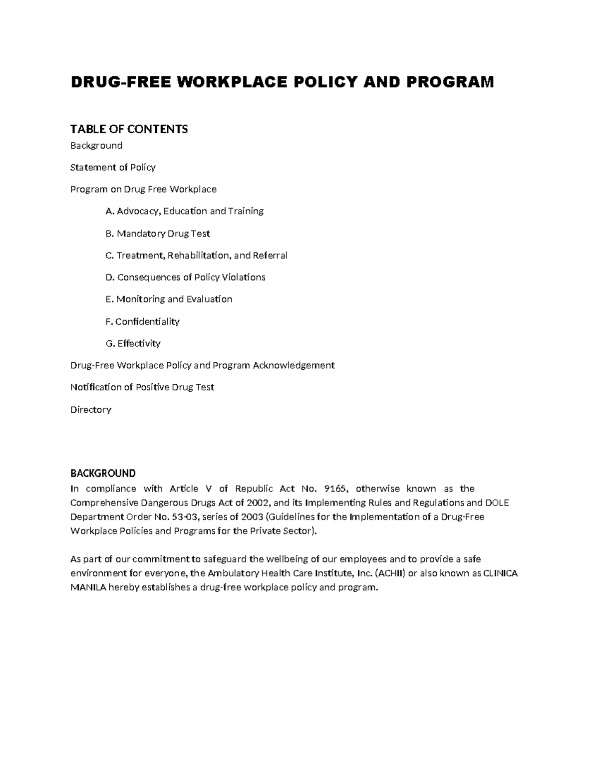 DRUG TEST Policy Program - DRUG-FREE WORKPLACE POLICY AND PROGRAM TABLE ...