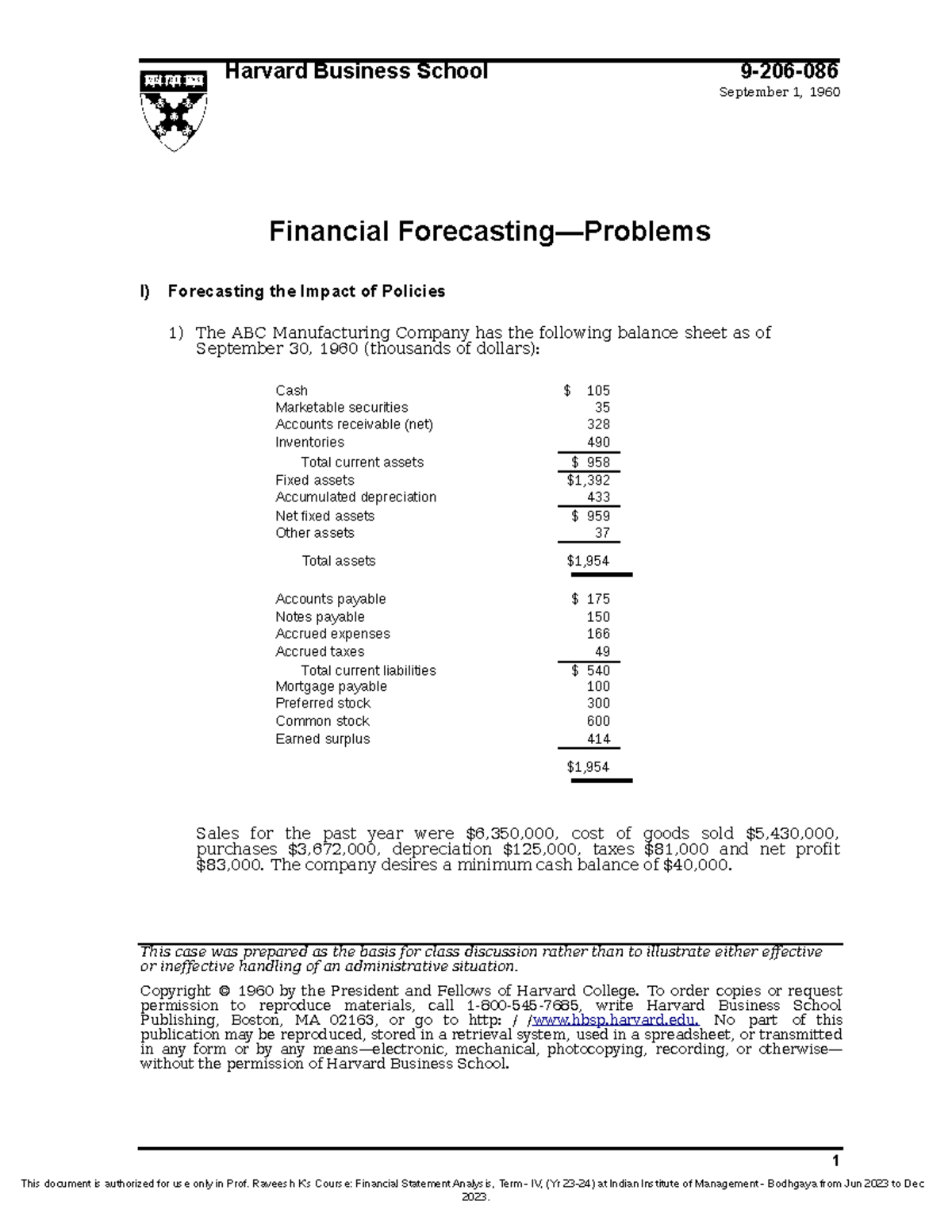 FSA 206-086 Financial Forecasting: Assignment and Case Problems - Studocu