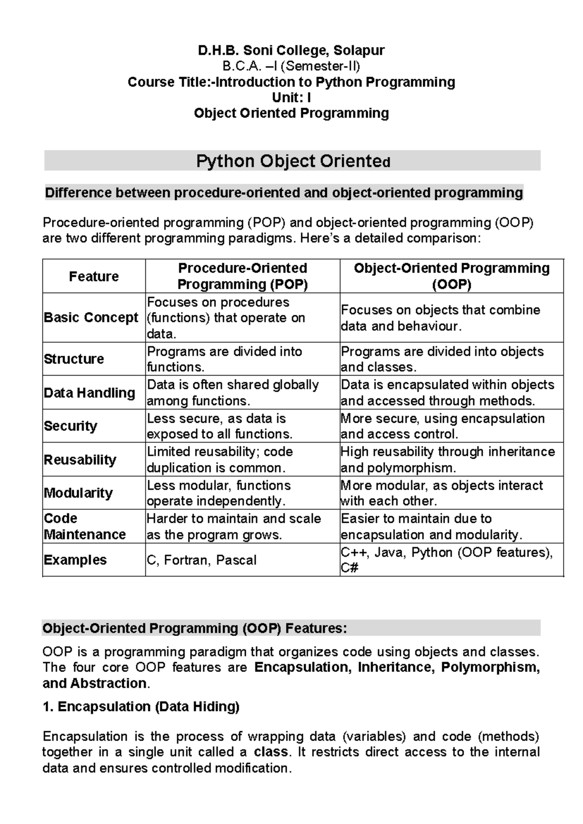 B.C.A. 2nd Sem Unit I: OOP in Python - Key Concepts & Differences - Studocu