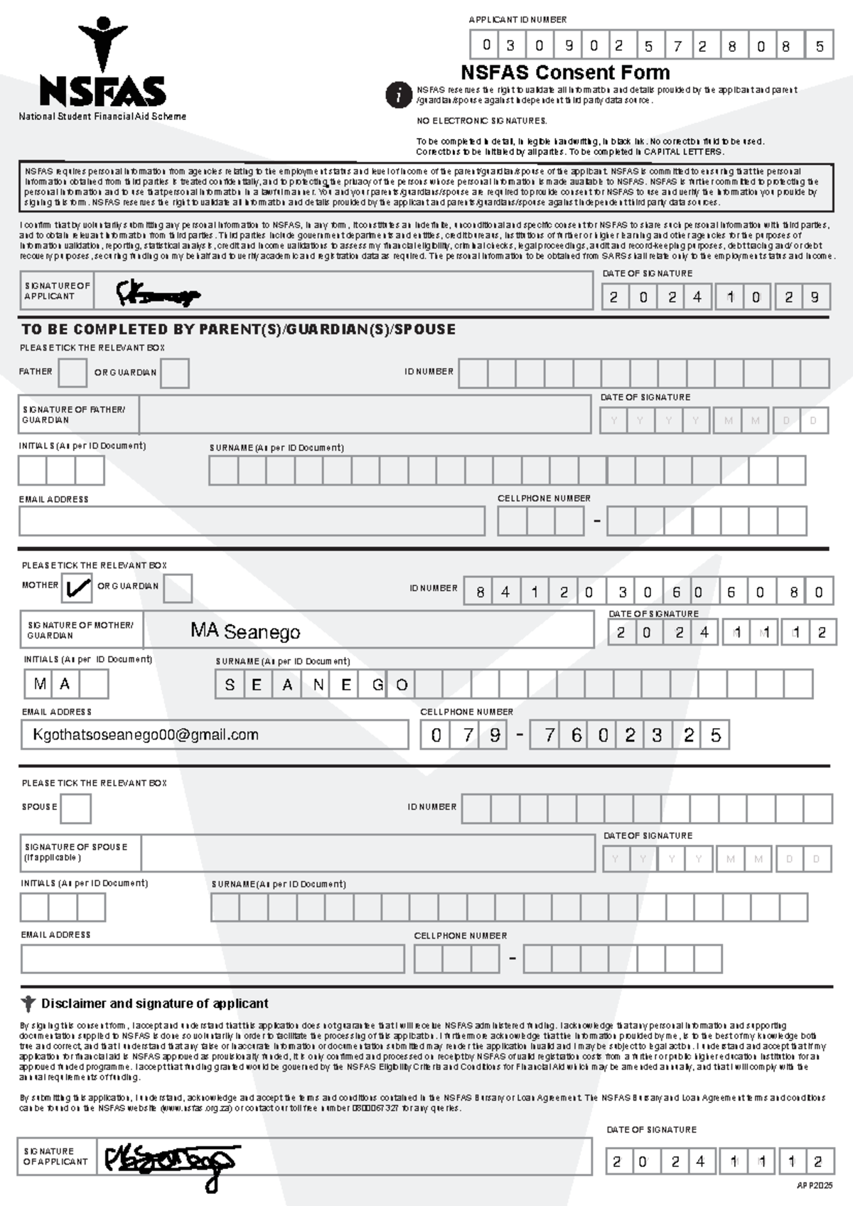 Nsfas 2025 Applications Consent Form - final djd - APPLICANT ID NUMBER ...