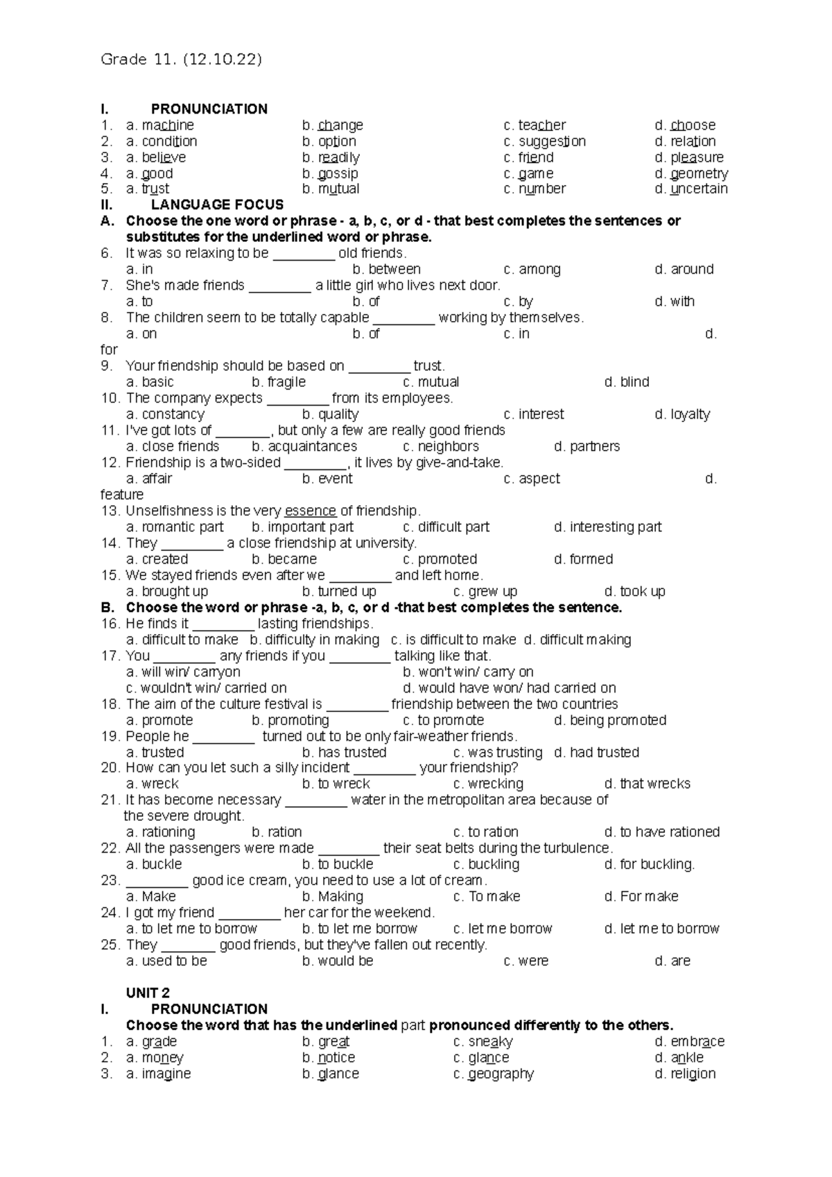 Unit 1 & 2 - Extra Language Practice for Grade 11 - Studocu