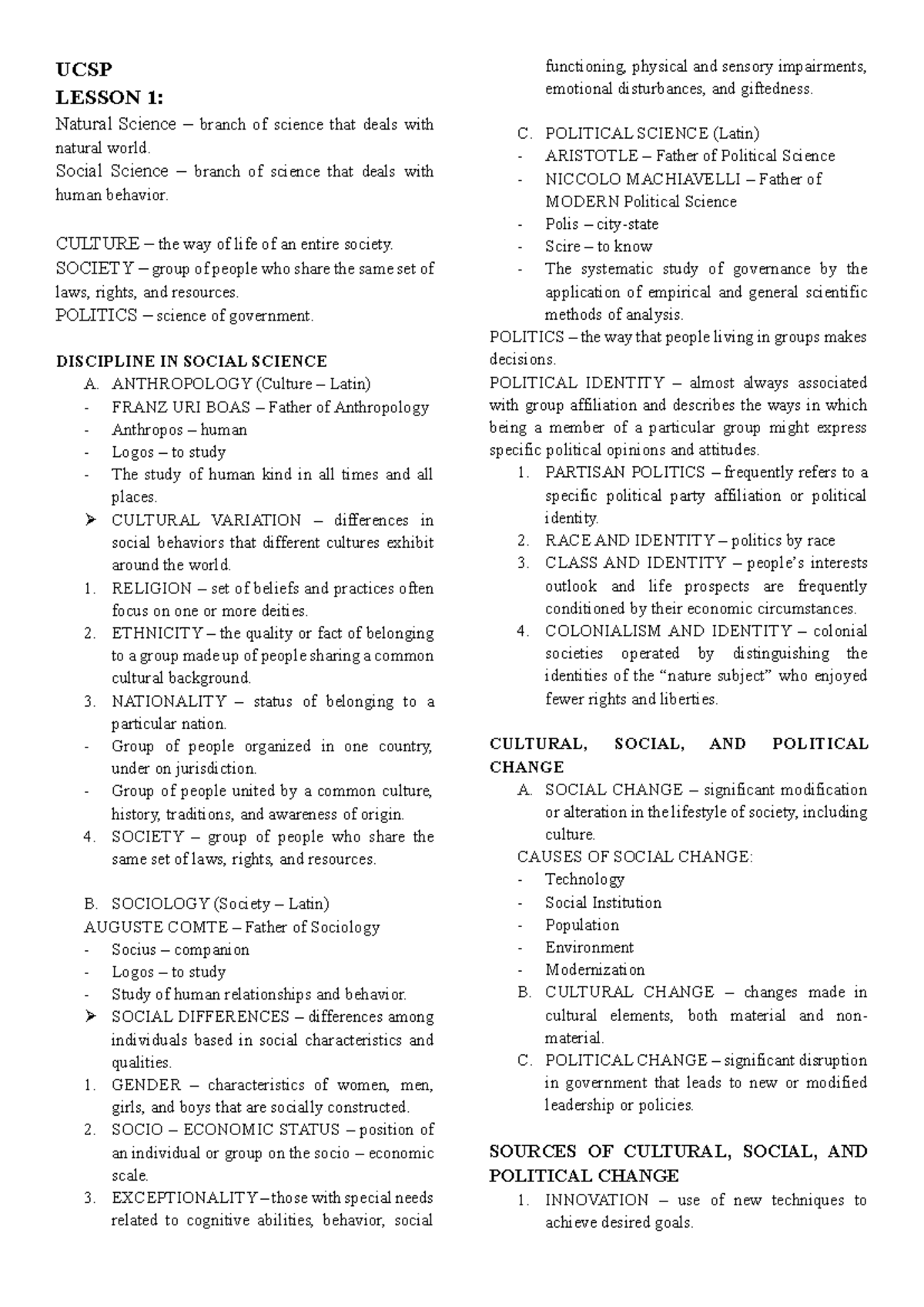 UCSP Reviewer: Key Concepts in Natural & Social Sciences - Studocu