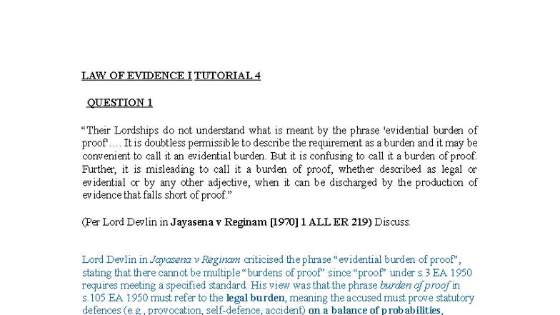 LAW OF EVIDENCE I TUTORIAL 4 ANALYSIS OF BURDEN OF PROOF - Studocu