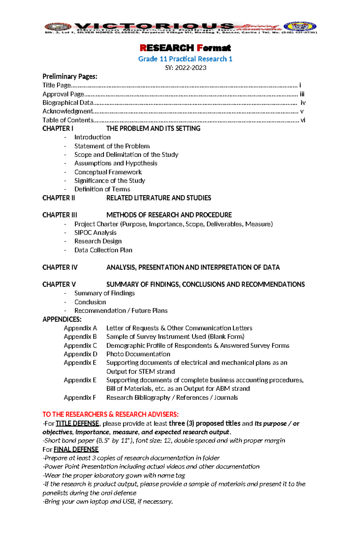 Research Format Guidelines for Grade 11 Practical Research 1 - Chapter ...
