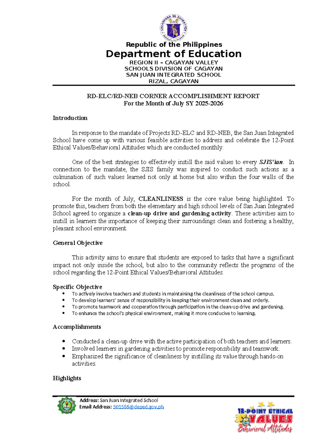 Accomplishment Report: Cleanliness Drive - July 2023 at SJIS - Studocu