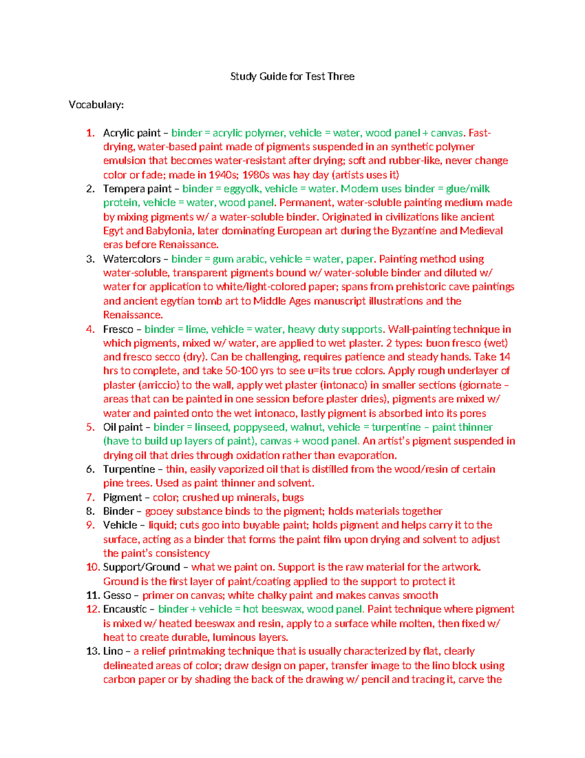Painting Techniques and Materials Study Guide for Art Class (ART 101 ...