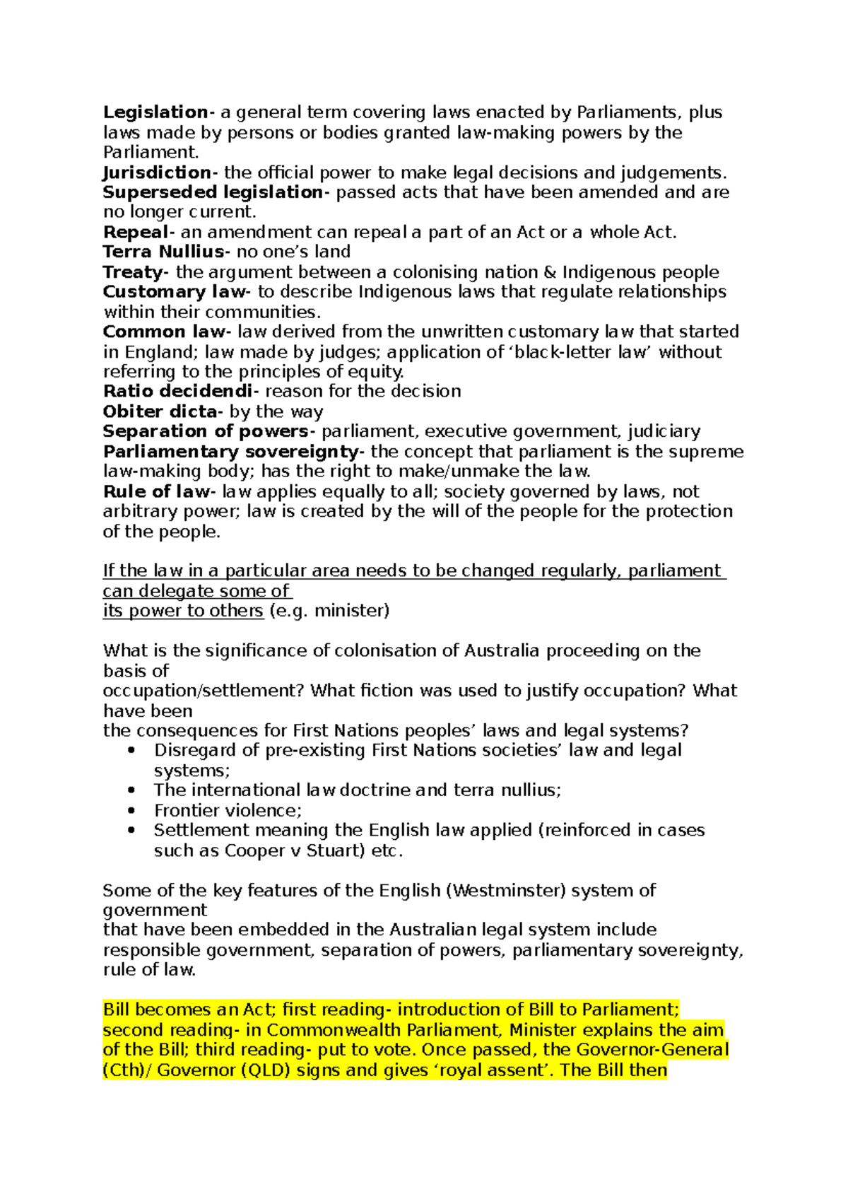 Exam notes - Legislation- a general term covering laws enacted by ...