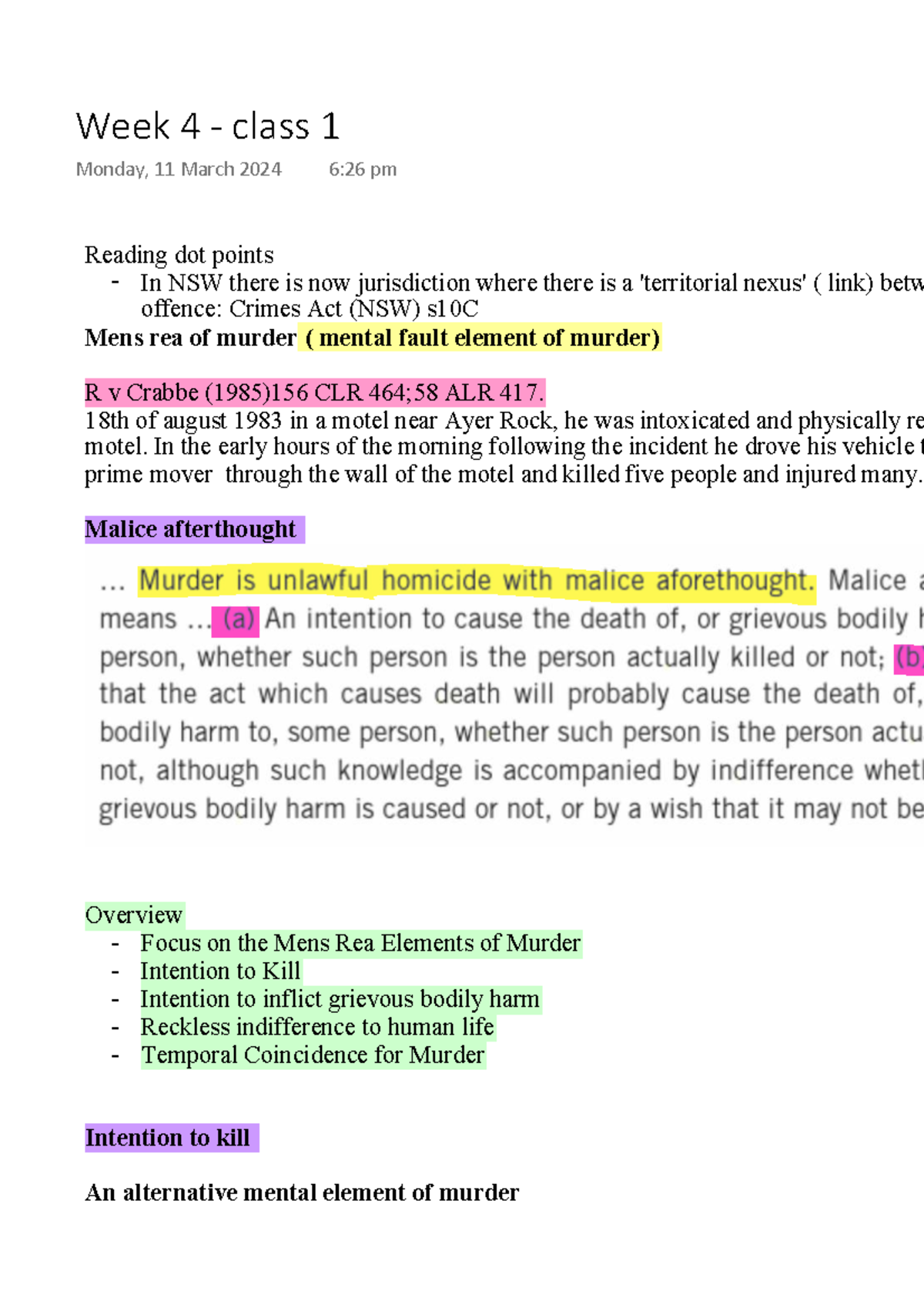 Week 4 Class 1: Mens Rea of Murder & Relevant Case Law Analysis - Studocu