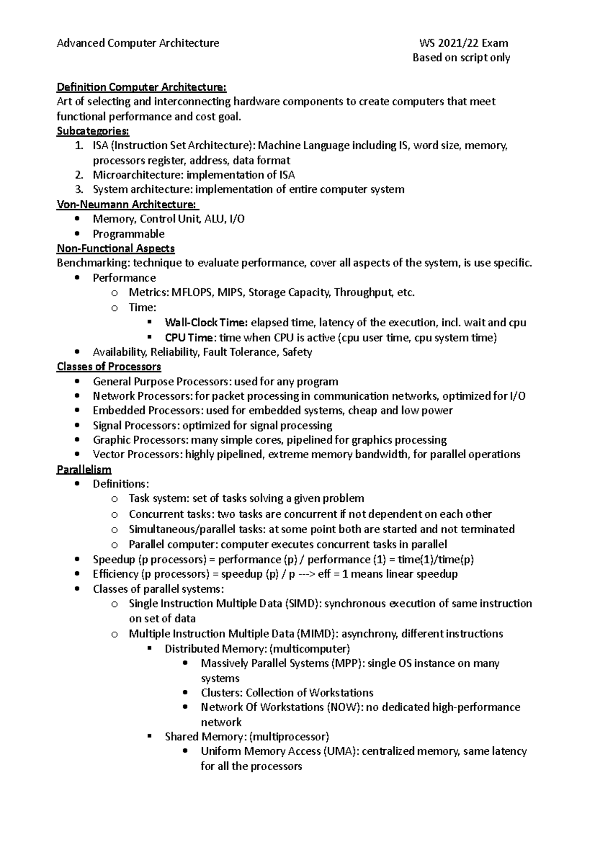 Computer Architecture Overview - Summary for ACA IN2076 - Studocu