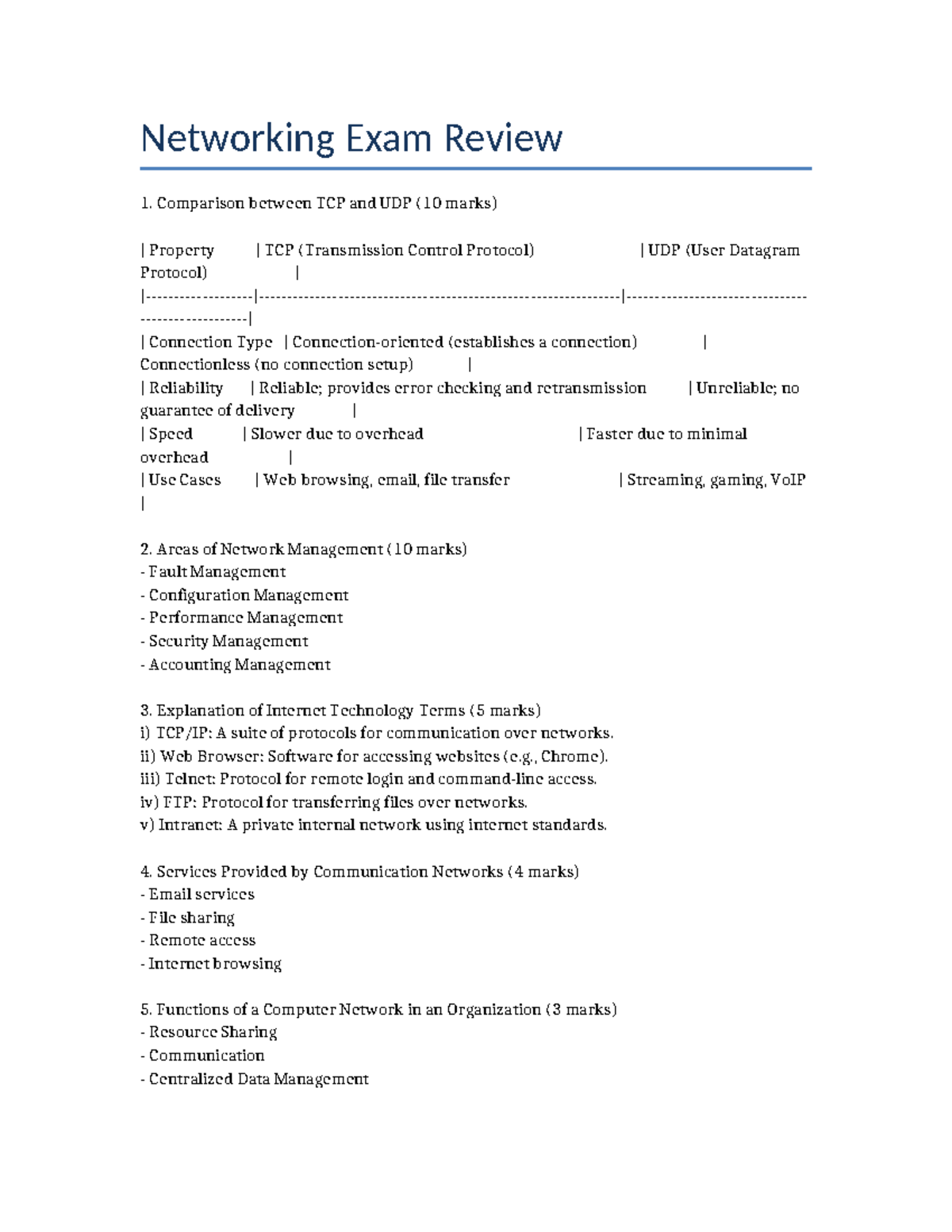Networking Exam Review: TCP vs UDP, Network Management & More - Studocu