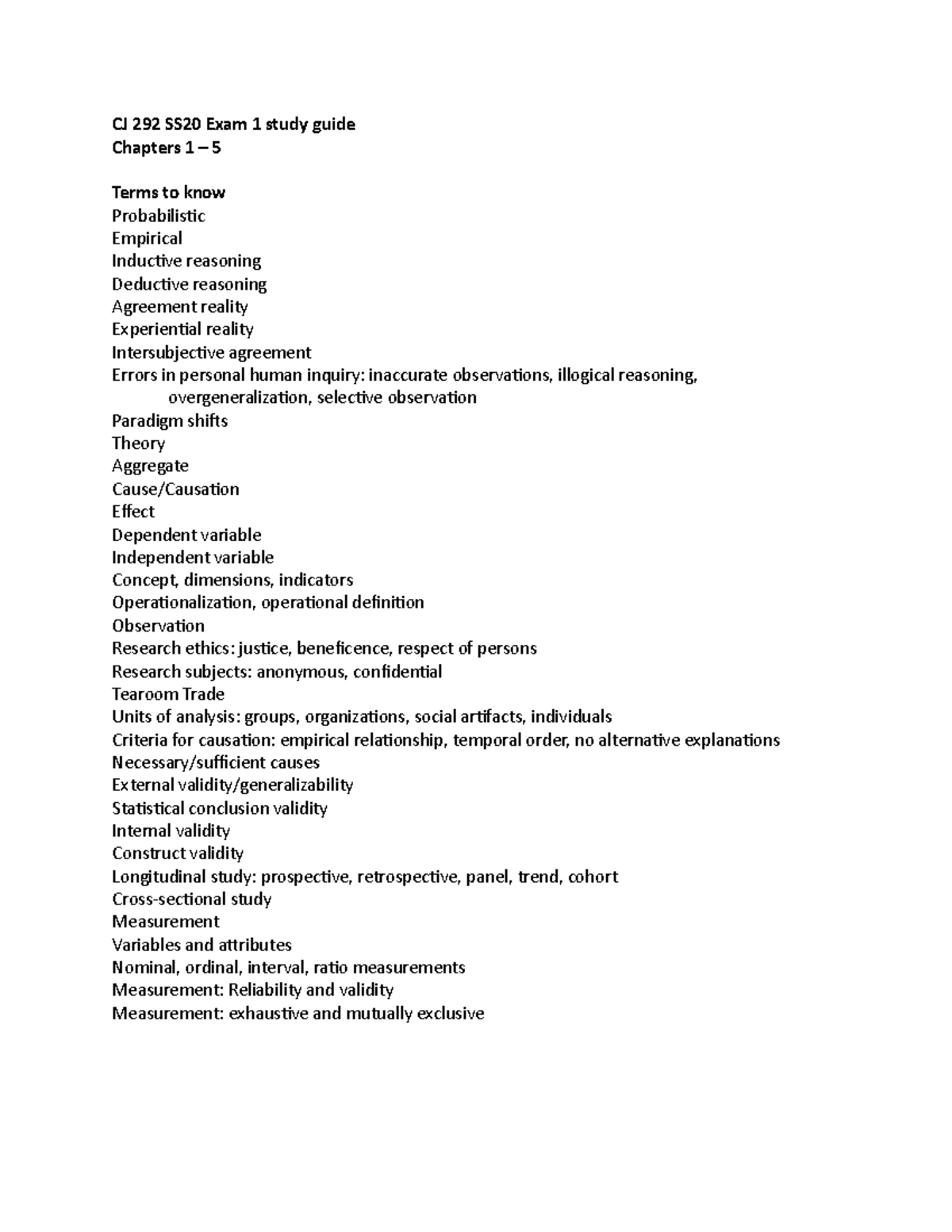 CJ 292 SS20 Exam 1 Study Guide: Key Concepts from Chapters 1-5 - Studocu