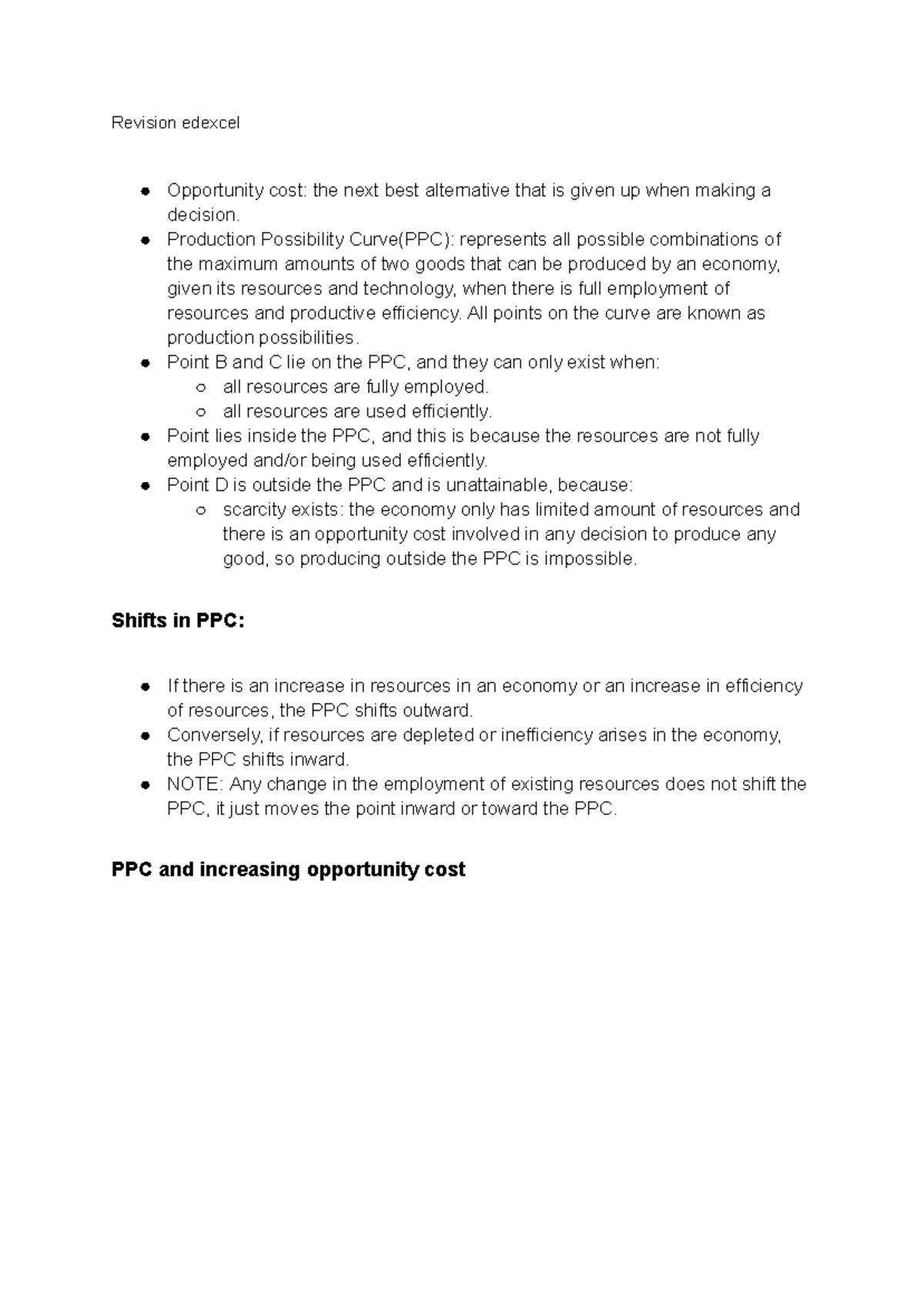 Edexcel revision notes on production possibility curves and opportunity ...