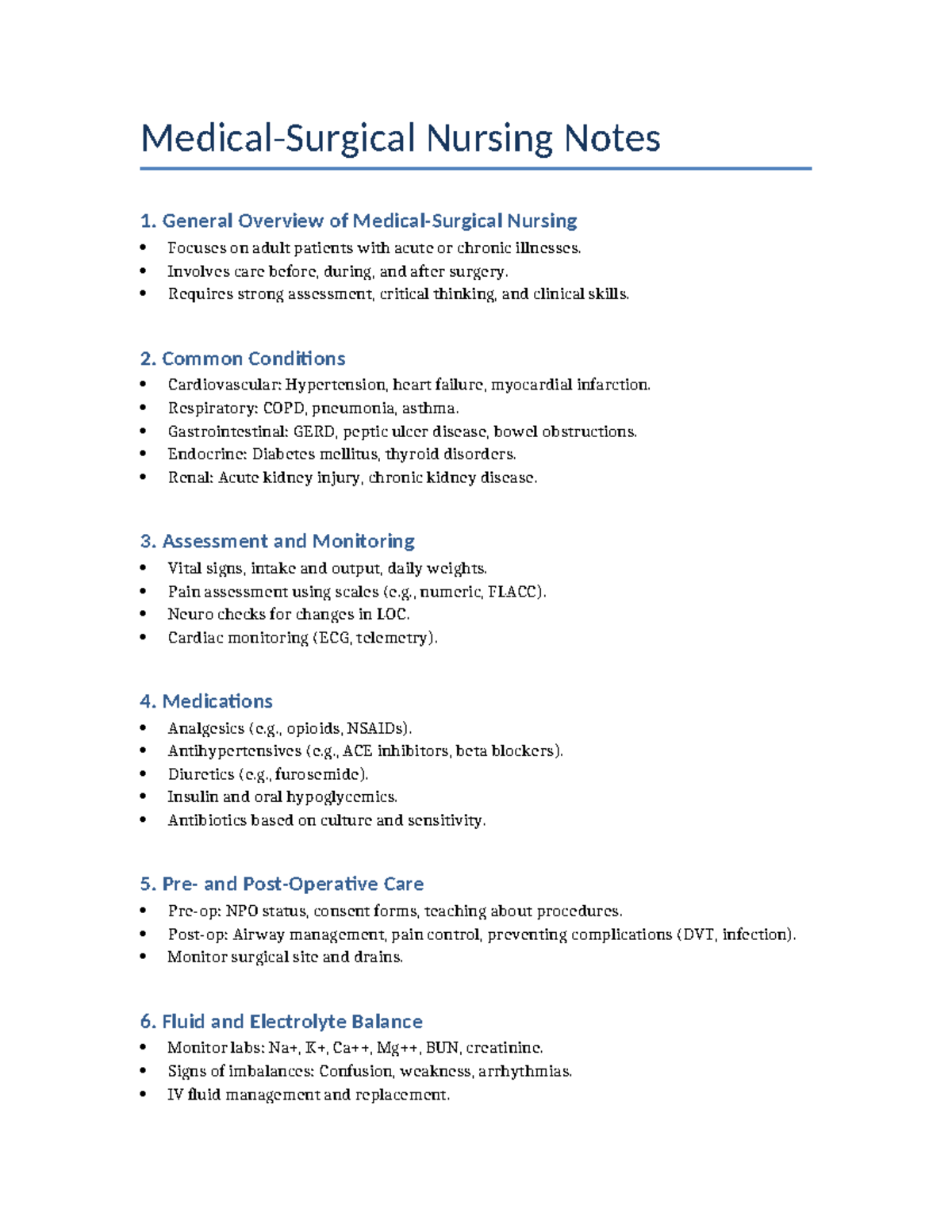Med Surg Nursing Notes: Comprehensive Overview and Patient Care - Studocu