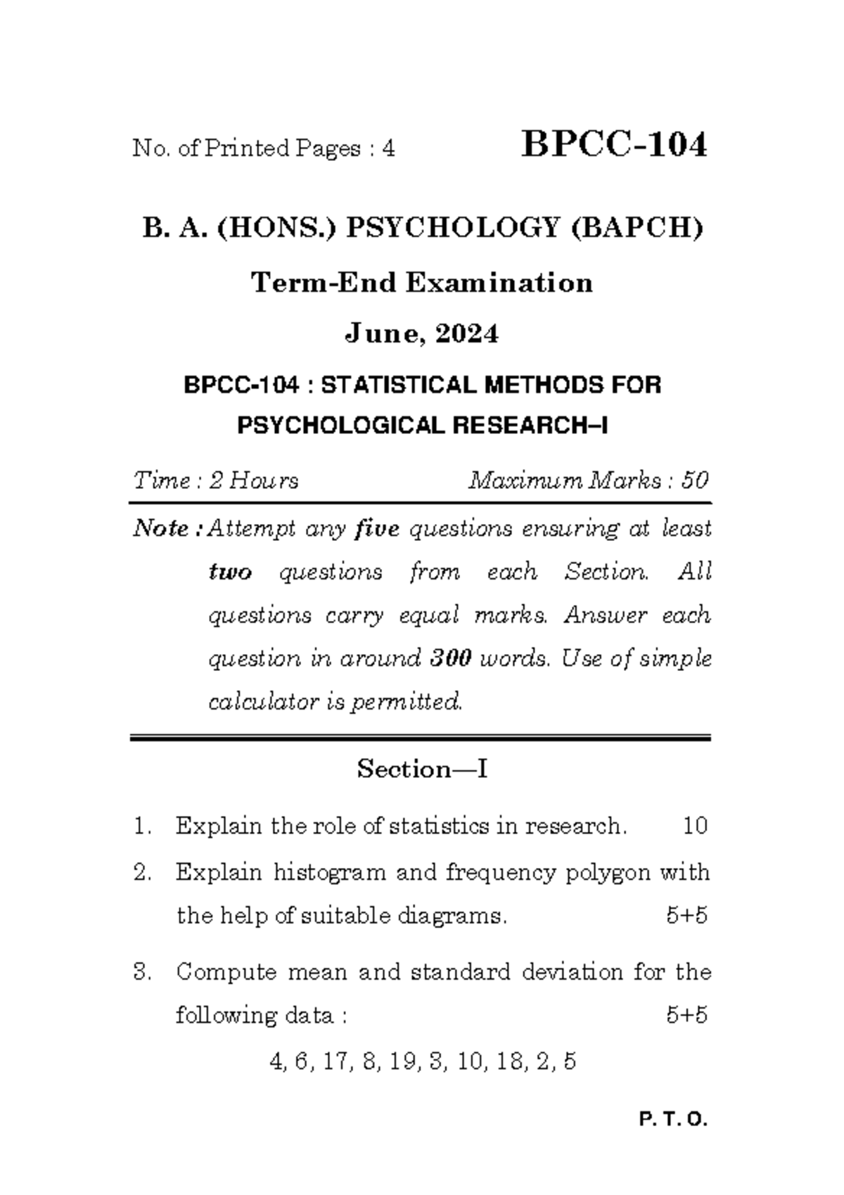 BPCC-104 - Term End Exam Guidelines for Statistical Methods in ...
